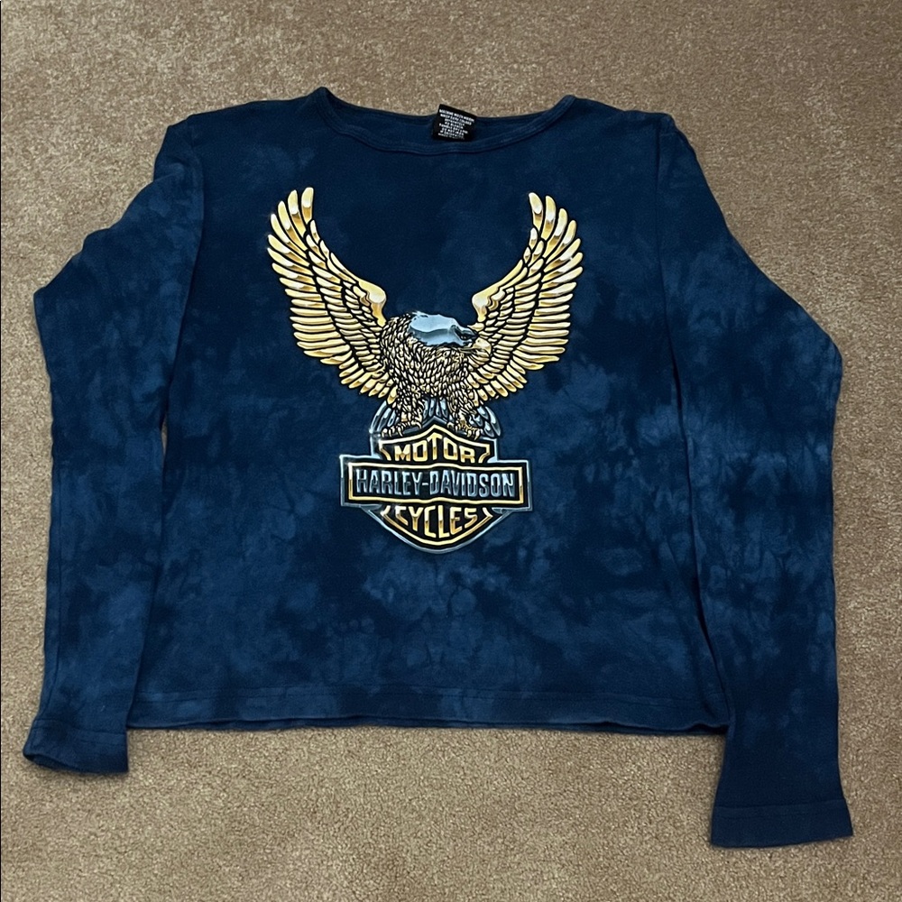 Harley-Davidson Womens Tie-dye Navy Long Sleeve Tee with Gold Eagle Graphic